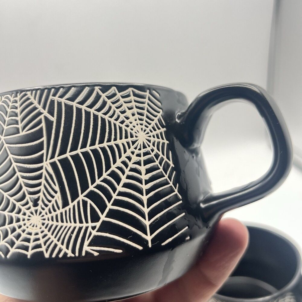 COCO + LOLA Halloween Spiderweb Set of 3 Coffee Mugs Black Cups Mug - Picture 8 of 13